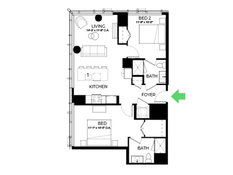 Floor plan for 2 beds, 2 baths, 967 sqft